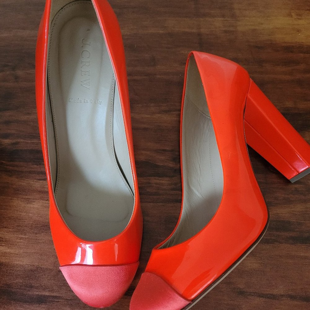 J. Crew Etta Neon Orange Leather and Satin Pumps Sz 10 4in Heel Made in Italy